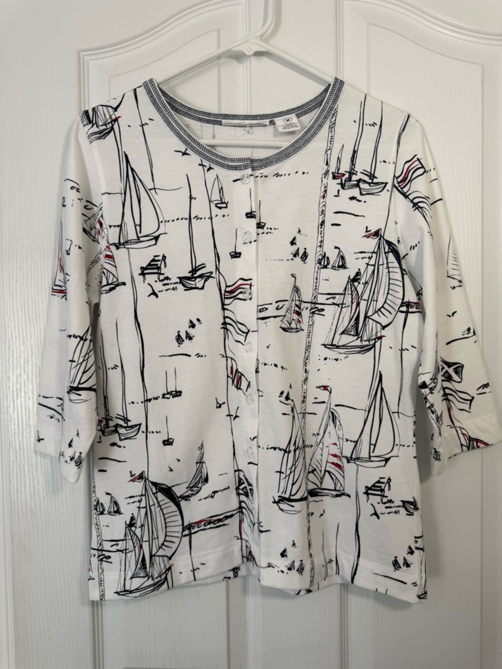 Nautical Print Button-Front Women’s Top - White with Navy & Red Accents